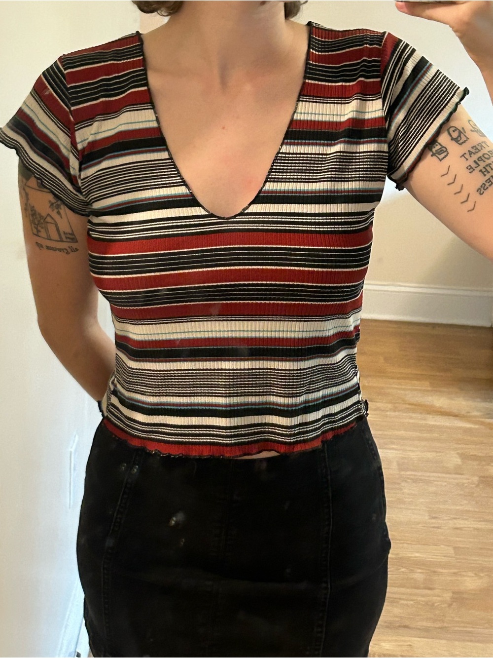 Lucy Love Striped V-Neck Ribbed Tee in Red, Black, Cream, and Gray